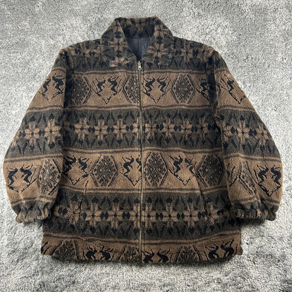 Vintage Basic Editions Reversible Jacket Mens L Brown Silk Fleece Southwest Deer